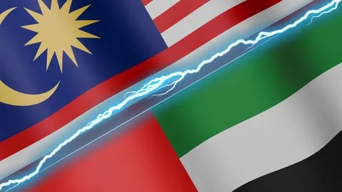 Two waving flags Malaysia and United Arab Emirates with diagonal lightning 4k Stock Footage 333977191