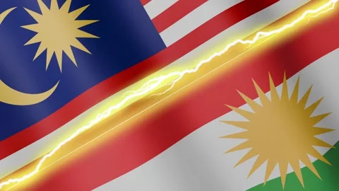 Two waving flags Malaysia and Kurdistan with diagonal lightning, 4k loop Stock Footage 340197910