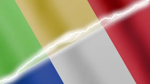 Two waving flags Mali and France with diagonal lightning 4k loop Stock Footage 329223935