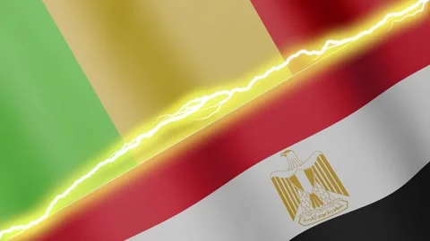 Two waving flags Mali and Egypt with diagonal lightning, 4k loop Stock Footage 339995875