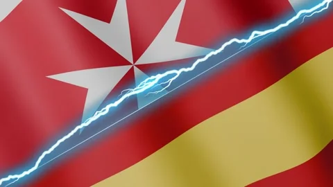 Two waving flags Malta and Spain with diagonal lightning 4k loop Stock Footage 332669056