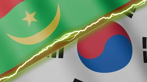 Two waving flags Mauritania and South Korea with diagonal lightning 4k loop Stock Footage 328086370