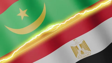 Two waving flags Mauritania and Egypt with diagonal lightning, 4k loop Stock Footage 339995889