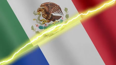 Two waving flags Mexico and France with diagonal lightning 4k loop Stock Footage 329223942