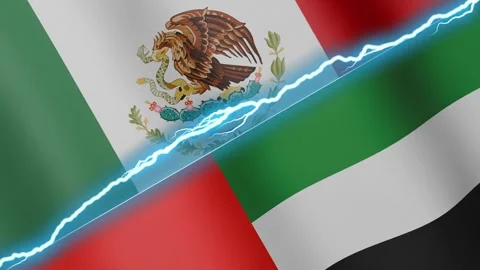 Two waving flags Mexico and United Arab Emirates with diagonal lightning 4k loop Stock Footage 333977192