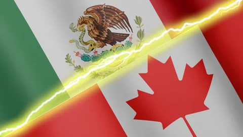 Two waving flags Mexico and Canada with diagonal lightning 4k loop Stock Footage 336012187