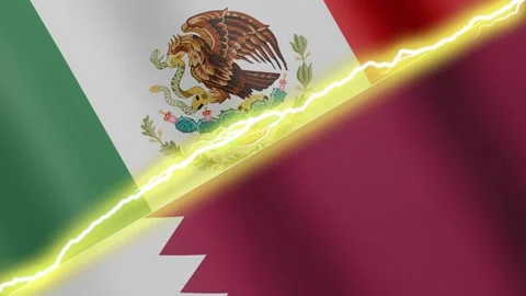 Two waving flags Mexico and Qatar with diagonal lightning 4k loop Stock Footage 336164502