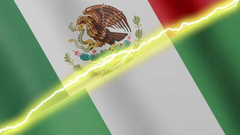 Two waving flags Mexico and Nigeria with diagonal lightning 4k loop Stock Footage 336809960