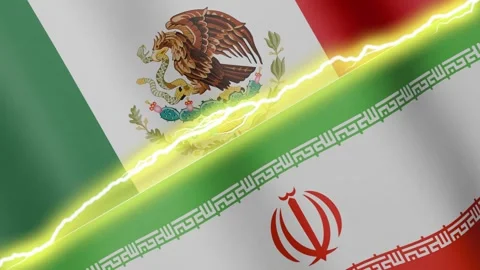 Two waving flags Mexico and Iran with diagonal lightning, 4k loop Stock Footage 337875902