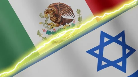 Two waving flags Mexico and Israel with diagonal lightning, 4k loop Stock Footage 338183395