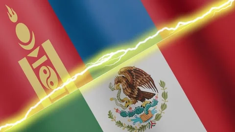 Two waving flags Mexico and Mongolia with diagonal lightning, 4k loop Stock Footage 338196226