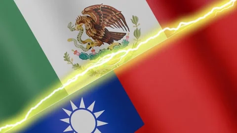 Two waving flags Mexico and Taiwan with diagonal lightning, 4k loop Stock Footage 339259203