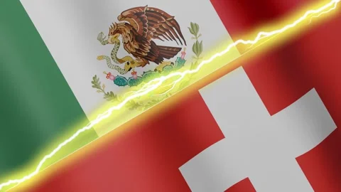 Two waving flags Mexico and Switzerland with diagonal lightning, 4k loop Stock Footage 339472471