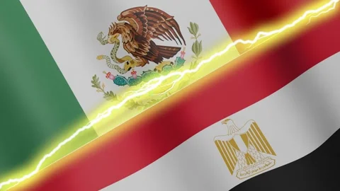 Two waving flags Mexico and Egypt with diagonal lightning, 4k loop Stock Footage 339995893