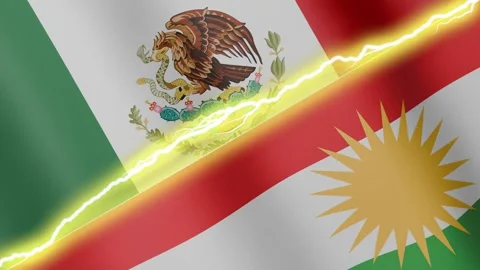 Two waving flags Mexico and Kurdistan with diagonal lightning, 4k loop Stock Footage 340197923