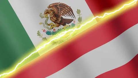 Two waving flags Mexico and Austria with diagonal lightning, 4k loop Stock Footage 346014198