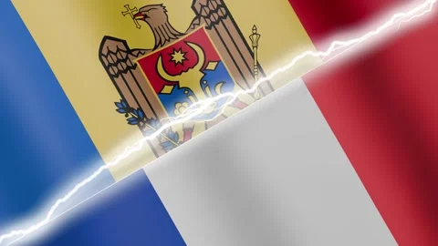 Two waving flags Moldova and France with diagonal lightning 4k loop Stock Footage 329223941