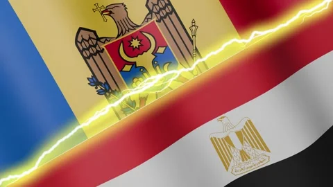 Two waving flags Moldova and Egypt with diagonal lightning, 4k loop Stock Footage 339995899