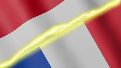 Two waving flags Monaco and France with diagonal lightning 4k loop Stock Footage 329223945
