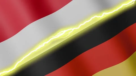 Two waving flags Monaco and Germany with diagonal lightning 4k loop Stock Footage 329601699