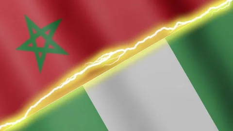 Two waving flags Monaco and Nigeria with diagonal lightning 4k loop Stock Footage 336809963