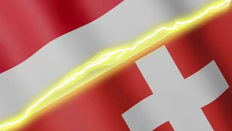 Two waving flags Monaco and Switzerland with diagonal lightning, 4k loop Video stock 339472480