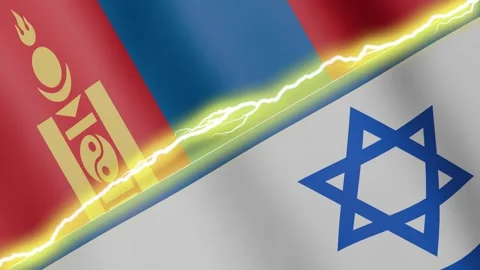 Two waving flags Mongolia and Israel with diagonal lightning, 4k loop Stock Footage 338183413