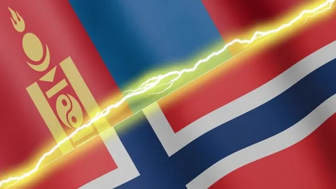 Two waving flags Mongolia and Norway with diagonal lightning, 4k loop Stock Footage 344563790