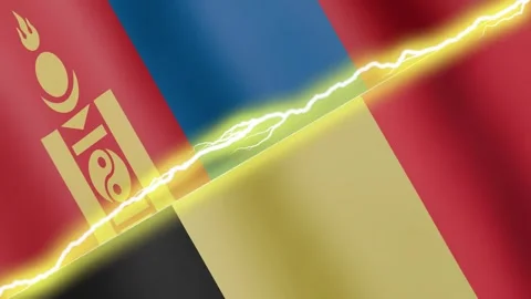 Two waving flags Mongolia and Belgium with diagonal lightning, 4k loop Stock Footage 344803886