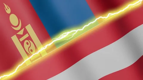 Two waving flags Mongolia and Austria with diagonal lightning, 4k loop Stock Footage 346014210