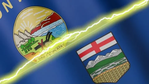 Two waving flags Montana and Alberta with diagonal lightning 4k loop Stock Footage 335883254