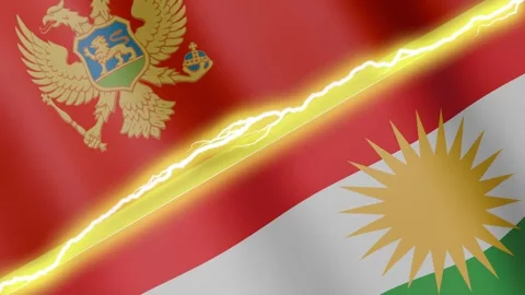 Two waving flags Montenegro and Kurdistan with diagonal lightning, 4k loop Stock Footage 340197931