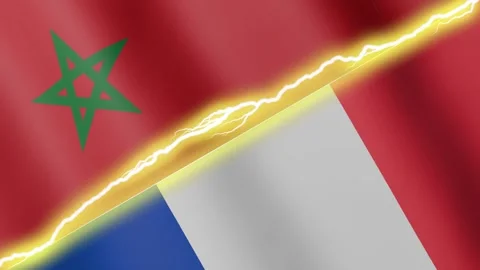Two waving flags Morocco and France with diagonal lightning 4k loop Stock Footage 329223952