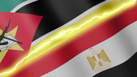 Two waving flags Mozambique and Egypt with diagonal lightning, 4k loop Stock Footage 339995963
