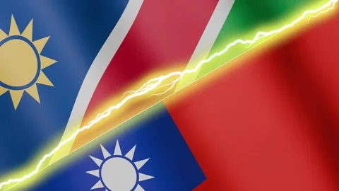 Two waving flags Namibia and Taiwan with diagonal lightning, 4k loop 스톡 동영상 339259260
