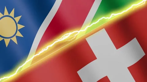 Two waving flags Namibia and Switzerland with diagonal lightning, 4k loop Stock Footage 339472530