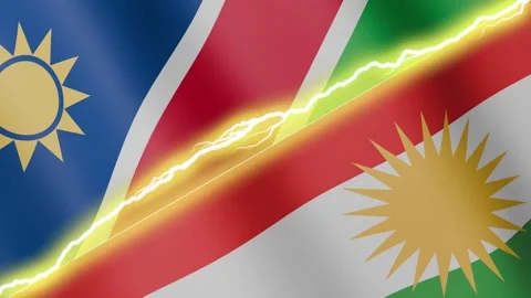 Two waving flags Namibia and Kurdistan with diagonal lightning, 4k loop 스톡 동영상 340197939
