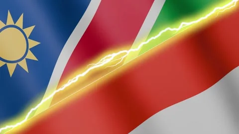 Two waving flags Namibia and Indonesia with diagonal lightning, 4k loop Stockbeeldmateriaal 341758079