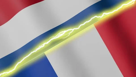 Two waving flags Netherlands and France with diagonal lightning 4k loop Stock Footage 329223951