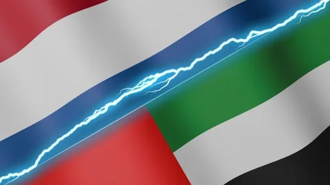 Two waving flags Netherlands and United Arab Emirates with diagonal lightning 4k Stock Footage 333977195