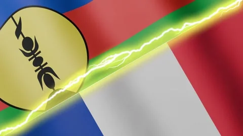Two waving flags New Caledonia and France with diagonal lightning 4k loop Stock Footage 329223961