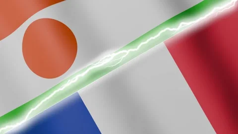 Two waving flags Niger and France with diagonal lightning 4k loop Stock Footage 329223954