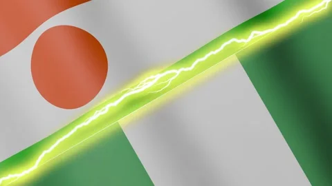 Two waving flags Niger and Nigeria with diagonal lightning 4k loop Stock Footage 336809977