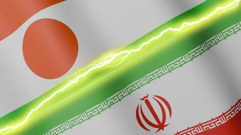 Two waving flags Niger and Iran with diagonal lightning, 4k loop Stock Footage 337876013