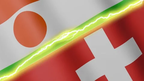 Two waving flags Niger and Switzerland with diagonal lightning, 4k loop Stock Footage 339472559