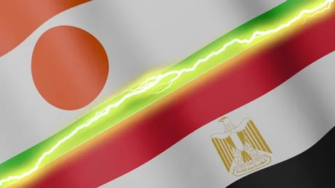 Two waving flags Niger and Egypt with diagonal lightning, 4k loop Stock Footage 339995979