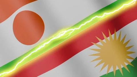 Two waving flags Niger and Kurdistan with diagonal lightning, 4k loop Stock Footage 340197947