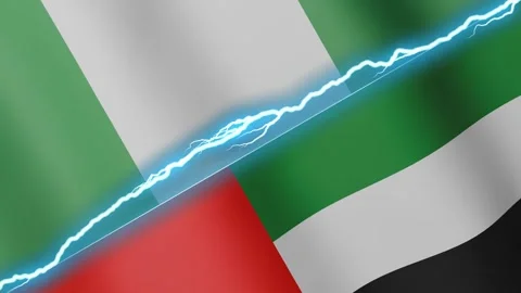 Two waving flags Nigeria and United Arab Emirates with diagonal lightning 4k Stock Footage 333977203