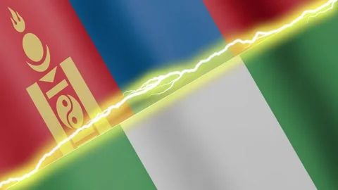 Two waving flags Nigeria and Mongolia with diagonal lightning, 4k loop Stock Footage 338196237