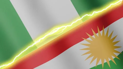 Two waving flags Nigeria and Kurdistan with diagonal lightning, 4k loop Stock Footage 340197985
